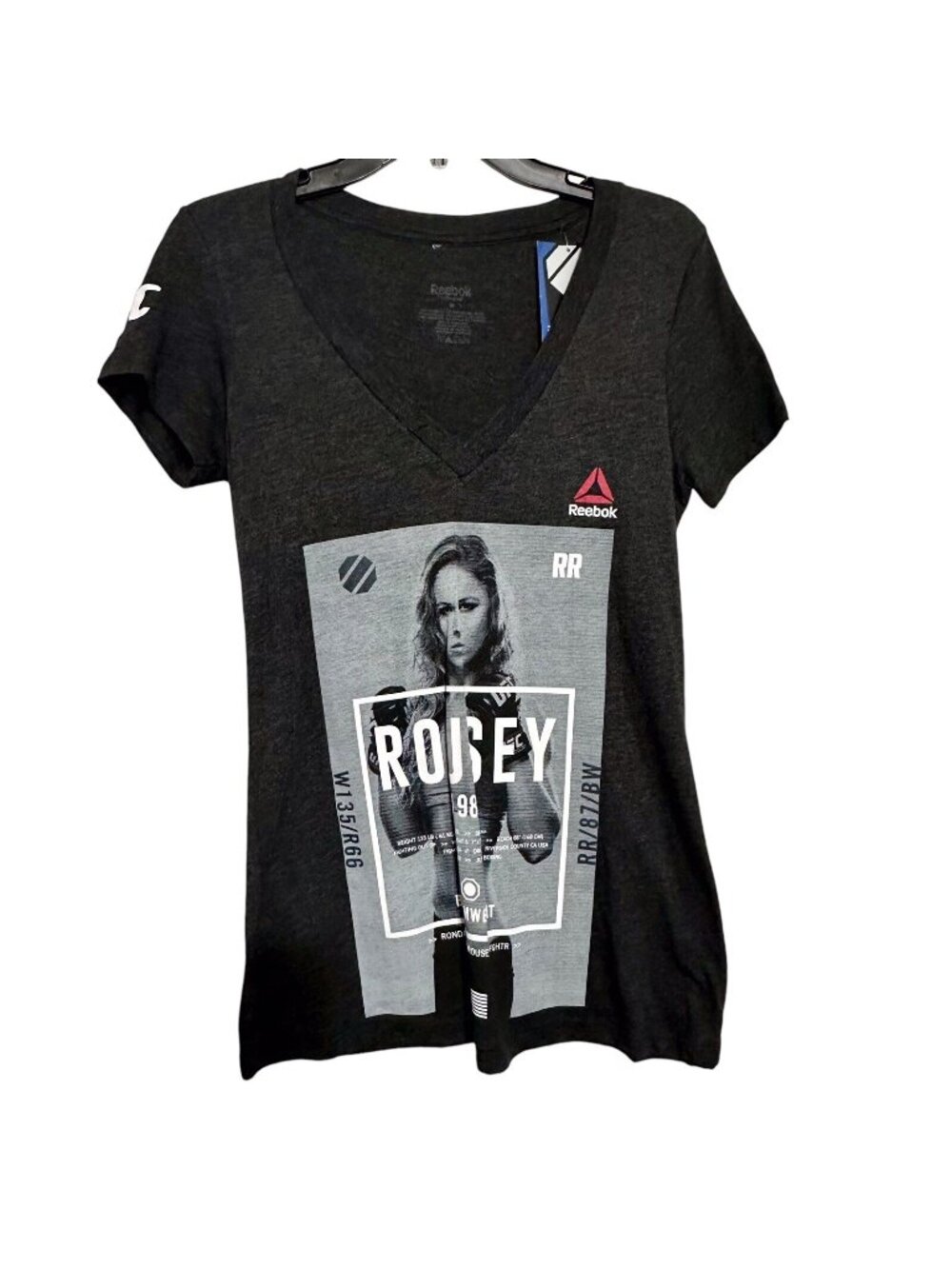 Reebok UFC Ronda Rousey T-Shirt Womens M Gray V-Neck Logo Tee NWT Stretch Fit